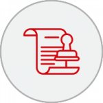 Icono redondo formado por la silueta en rojo de un documento y un sello