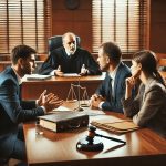 DALL·E 2025 02 12 23.14.45 A realistic courtroom scene showing a tense divorce case. A judge is seated in the center listening intently. Two lawyers one representing each spou