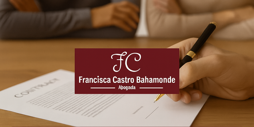 Mano firmando un contrato frente a una pareja, simbolizando la reclamación de deudas tras la ruptura de una pareja estable.
