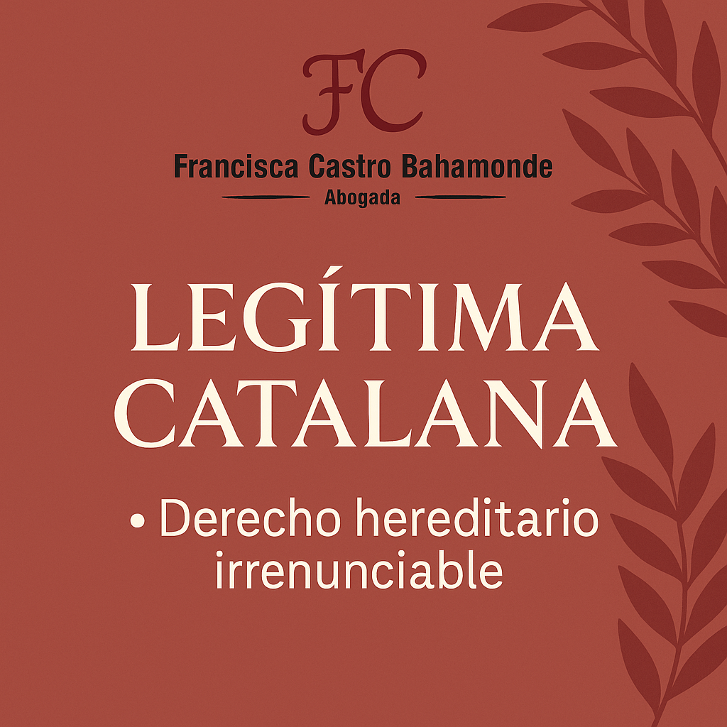 Imagen informativa de Francisca Castro Bahamonde Abogada que explica la legítima catalana como un derecho hereditario irrenunciable. Este concepto jurídico, regulado en el Código Civil de Cataluña, asegura que determinados familiares —hijos, descendientes o padres en ausencia de aquellos— tengan derecho a recibir una parte de la herencia, independientemente del testamento.