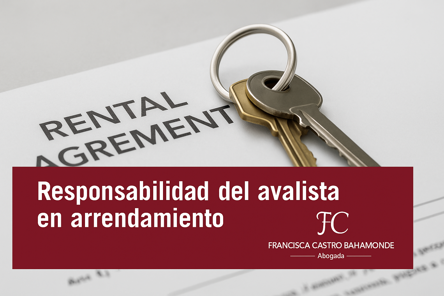 Mano sosteniendo un llavero en forma de casa con un recuadro granate que contiene el texto “Responsabilidad del Avalista en el Alquiler” y el logotipo de Francisca Castro Bahamonde Abogada.