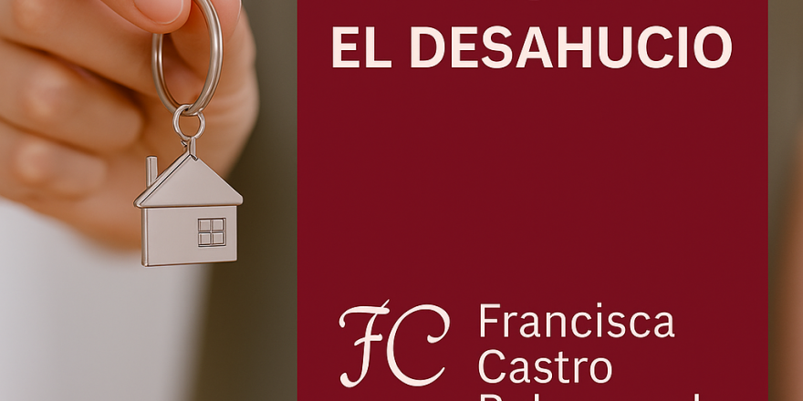 Mano sosteniendo una llave con llavero en forma de casa junto a un recuadro granate con el texto “Avalista en el desahucio” y el logotipo de Francisca Castro Bahamonde Abogada.