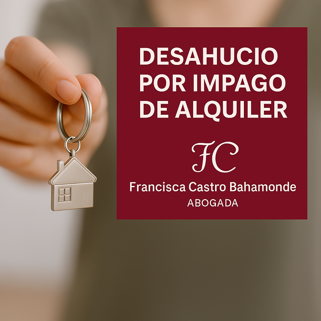Mano sosteniendo una llave con llavero en forma de casa junto a recuadro granate con el texto “Desahucio por impago de alquiler” y el logotipo de Francisca Castro Bahamonde Abogada.