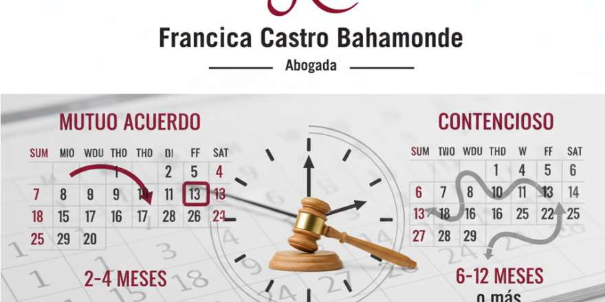 Imagen profesional que muestra un calendario simbolizando los plazos de un divorcio en Cerdanyola, con el logo de la abogada Francisca Castro Bahamonde.