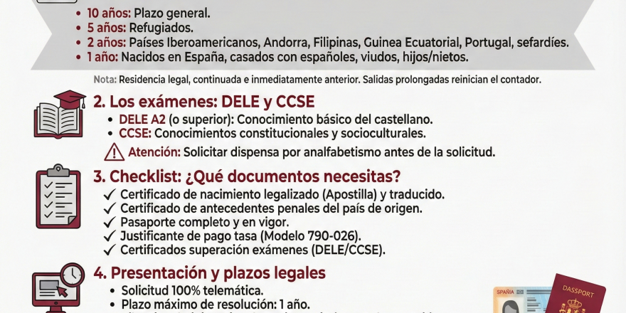 Una imagen profesional que muestra un pasaporte español nuevo sobre una mesa de madera clara, junto a una bandera de España pequeña y discreta o una pluma estilográfica. Debe evocar éxito y pertenencia.