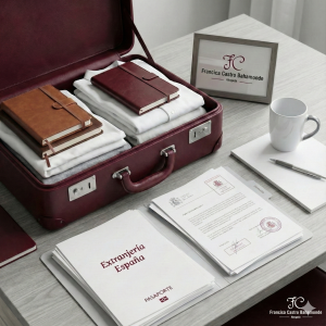 Una maleta junto a una ventana con vistas a una ciudad española soleada, con documentos legales y un pasaporte sobre la mesa. Colores granate y blanco destacados.