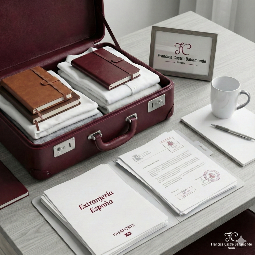 Una maleta junto a una ventana con vistas a una ciudad española soleada, con documentos legales y un pasaporte sobre la mesa. Colores granate y blanco destacados.