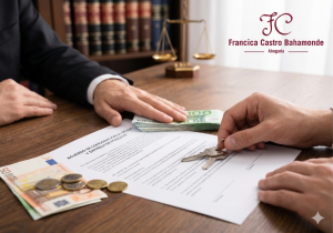 Imagen en la que se ve un contrato con unas llaves, dinero y las manos de las partes contratantes con el logo francisca castro bahamonde abogada