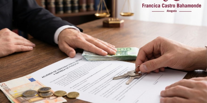 Imagen en la que se ve un contrato con unas llaves, dinero y las manos de las partes contratantes con el logo francisca castro bahamonde abogada