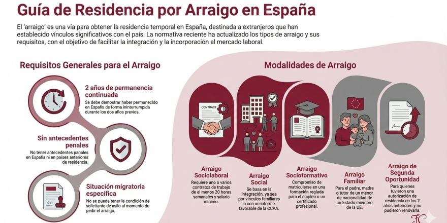 Infografía detallada sobre los tipos de arraigo en España (social, laboral, familiar, socioformativo y segunda oportunidad) bajo el nuevo reglamento de extranjería.