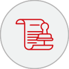Icono redondo formado por la silueta en rojo de un documento y un sello